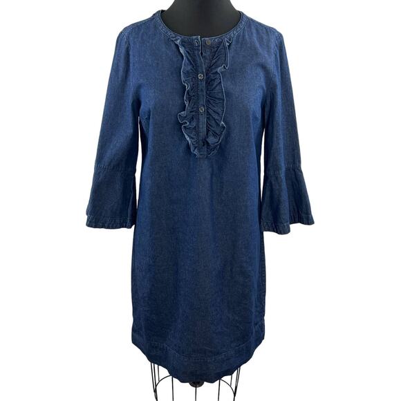 Draper James Dresses & Skirts - DRAPER JAMES Women's Blue Chambray Cotton Ruffle Placket Shift Dress Size 8
